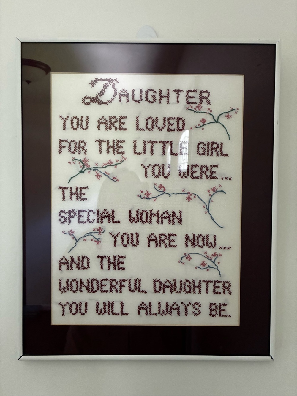 Handmade Daughter Cross Stitch Sampler -Burgundy Mat - White Frame 17” x 13 3/4”